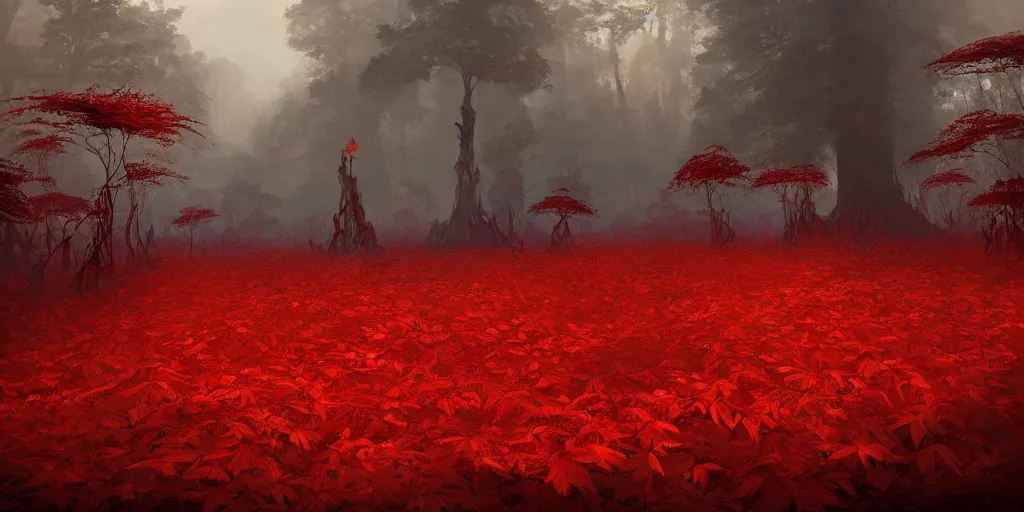 Image similar to A flaming forest , flaming leaves,fire ,Magma,Red stones are scattered, flame red ferns, flame red shrubs, huge flame Fantasy plant,covered in flame red porcelain vine, artstation,by Jakub Rozalski