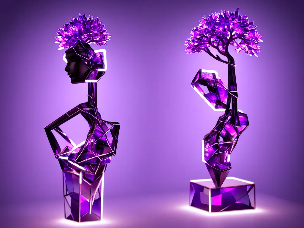 Image similar to beautiful mannequin sculpted out of amethyst by billelis + lit with purple 3 d geometric neon + chrome geometric cubed bonsai plants!!!!, doorway opening with neon pink geometric light, clean linework, dramatic, finely detailed, rule of thirds, moody, confident, award winning, 4 k, trending on artstation, photorealistic, volumetric lighting, octane render