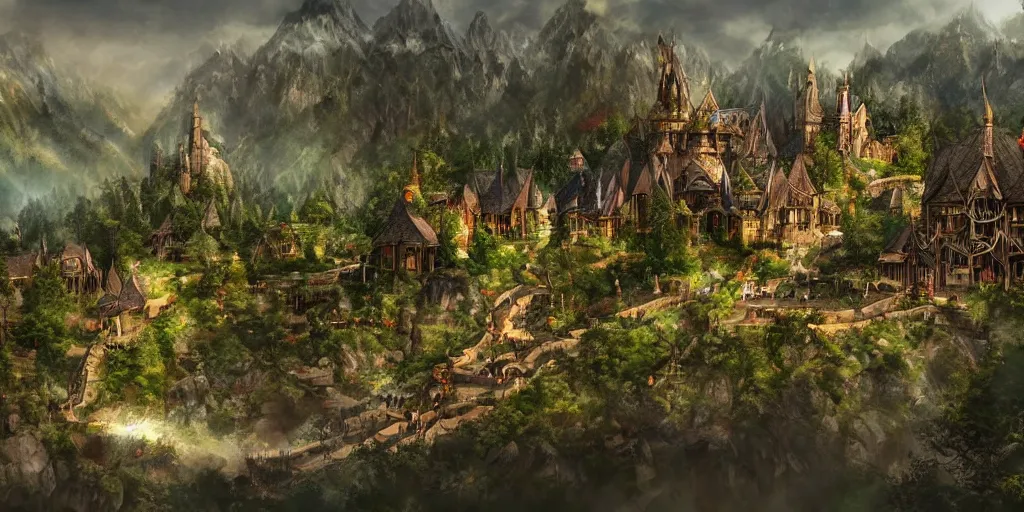 Prompt: lord of the ring. elf city. elvish village. rivendell. mountains. beautiful forest. concept art. epic. cinematic. artstation.