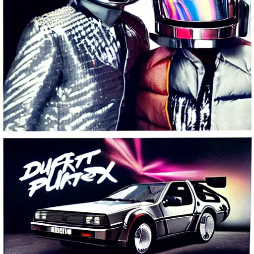 Prompt: Daft Punk with Marty McFly clothes with the Delorean in 80s style