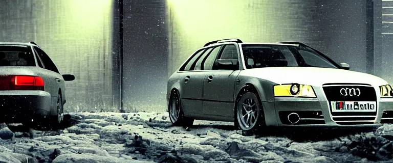 Image similar to Audi A4 B6 Avant (2002), a gritty neo-noir, dramatic lighting, cinematic, eerie person, death, homicide, homicide in the snow, gunshots, establishing shot, extremely high detail, photorealistic, cinematic lighting, artstation, by simon stalenhag, Max Payne (PC) (2001) winter New York at night, In the style of Max Payne 2 graphic novel, flashing lights, Poets of the Fall - Late Goodbye