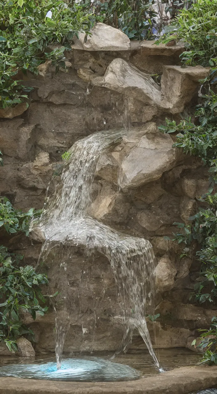 Prompt: a stream of water entering a biomorphic fountain and ejecting a coin in the style of carlo scarpa, photographic , isometric, 8k