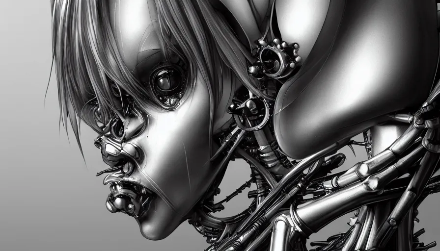 Image similar to rei ayanami by Yoshitaka Amano, by HR Giger, biomechanical, profile portrait, wide ayes, hyper detailed, hyperrealism, anime, deviantart, artstation, hadron antimatter vacuum reactor, Photorealistic, 4k, God rays, Highly detailed, VRay Rendering, Unreal Engine