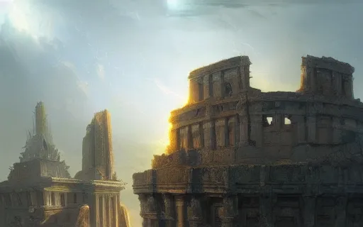 Prompt: longshot photograph of advanced civilization city ruins floating in a disc in the sky by Hubert Robert, Lee Madwick and Bastien Lecouffe-Deharme 8k artstation cinematic dramatic lighting