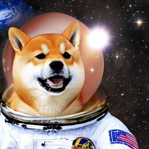 Image similar to a Shiba Inu wearing an astronaut helmet, surrounded by cosmic space