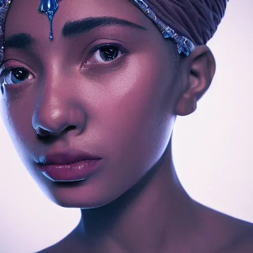 Prompt: kodak portra 4 0 0, 8 k, artstation, soft light, volumetric lighting, highly detailed, britt marling style 3 / 4 extreme close - up portrait photography of a beautiful woman pre - raphaelite, inspired by aida muluneh, royal woman wearing ornate art nouveau orchid headdress, realistic, refined, highly detailed