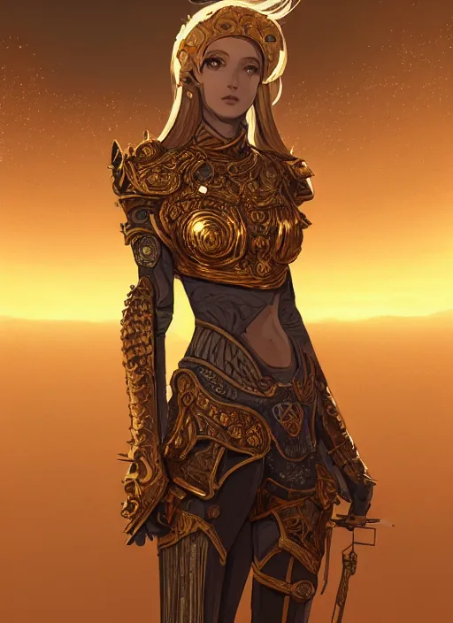 Image similar to portrait knights of zodiac girl, golden and copper shining armor, in ruined agora of athens sunrise, ssci - fi and fantasy, intricate and very very beautiful and elegant, highly detailed, digital painting, artstation, concept art, smooth and sharp focus, illustration, art by ilya kuvshinov and z - - ed and tian zi and wlop