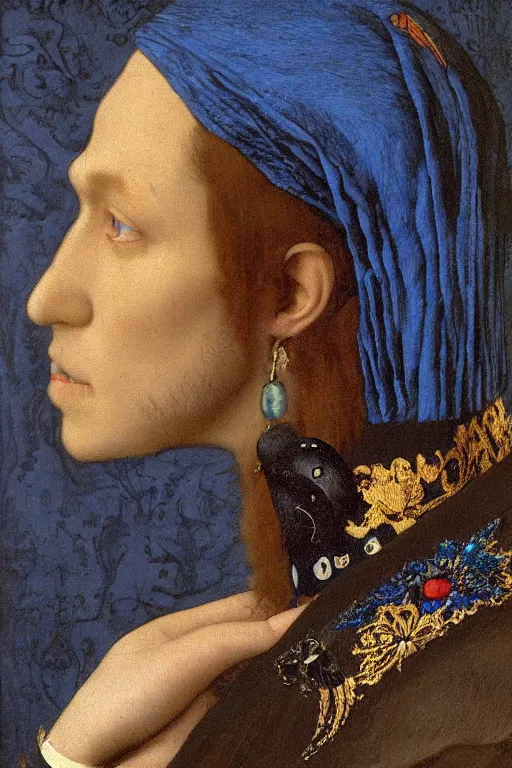 Image similar to portrait in profile of an anthropomorphic black crow wearing a blue velvet waistcoat, by Donato Giancola and John Bauer and Vermeer, gold embroidery, iridescent beetles, rich color, featured on Artstation, cgisociety, unreal engine, extremely detailed