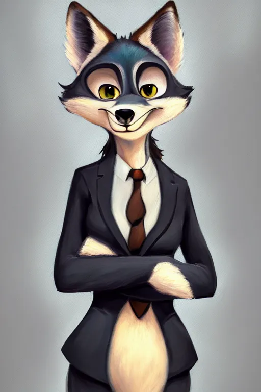 Image similar to oil painting of anthromorphic female wolf, in style of zootopia, female fursona, furry, furaffinity, 4 k, deviantart, furry art, fursona art, wearing black business suit, business suit, wolf fursona, female, smug expression,