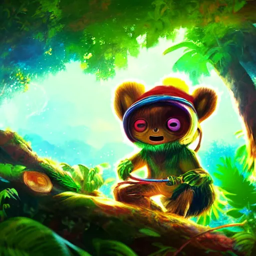 Prompt: disco diffusion painting of teemo in the jungle by makoto shinkai, masterpiece, contest award winner