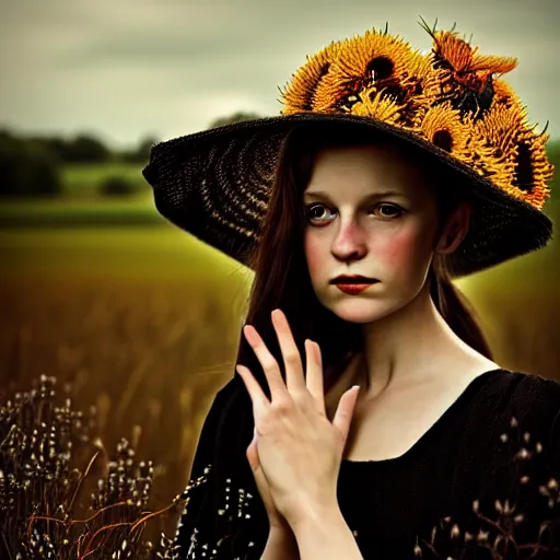 Prompt: a girl standing in a field, wearing black old dress and hat, detailed hands, by andrea kowch, andrea kowch, dark, scene, magicrealism, flowers in background,