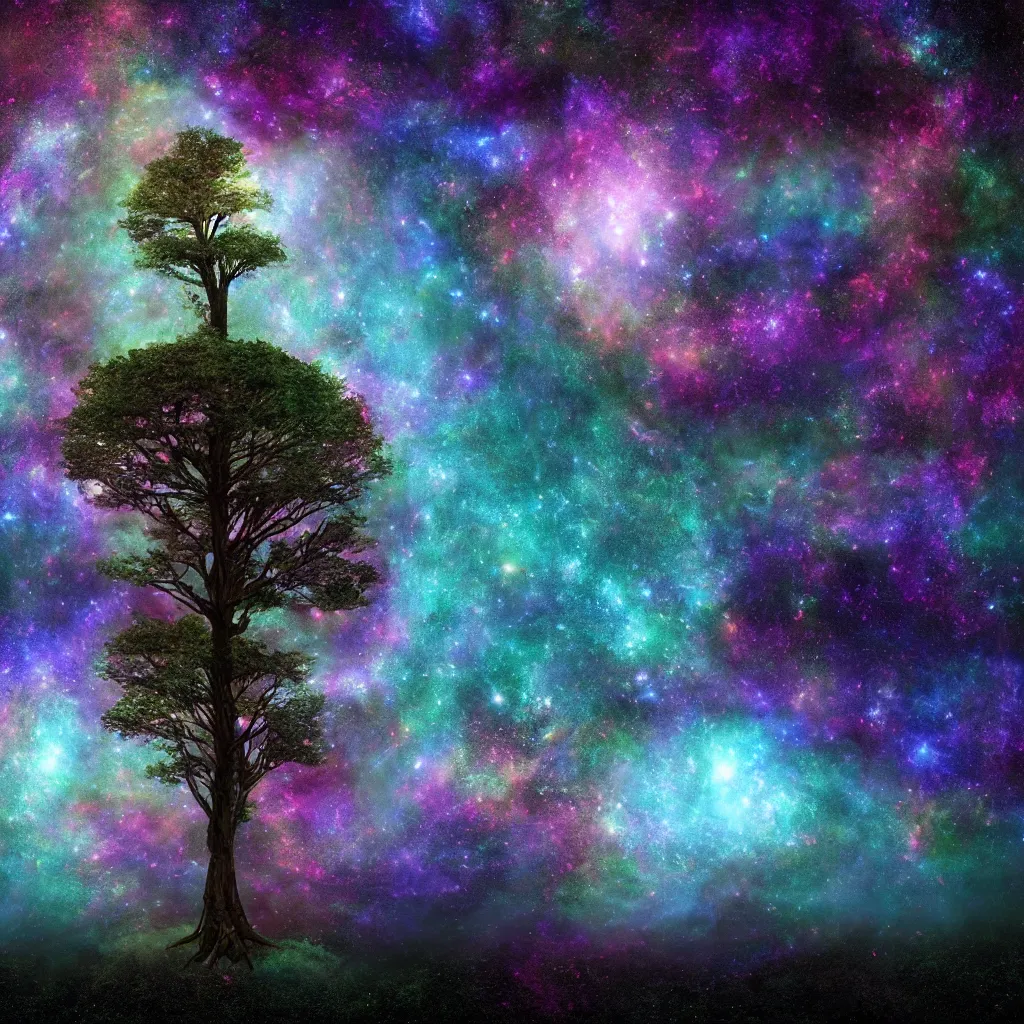 Image similar to Tree in a galaxy made of stars, space, nebulas stars Dmt Psychedelic cosmos, cosmic, Hallucination, night sky; 8k, artstation, unreal engine, octane render, hdr, surrealistic, hyperrealism, glow, photorealistic, volumetric lighting, Dreamy, dynamic, mystical