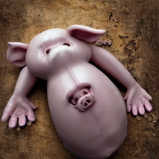 Image similar to a highly detailed realistic photographic render of a stillborn humanoid pig, swine infant, creepy, horror, horror scene, cinematic horror, creepy horror, scary scene, cinematic lighting, cinematic scene, Volumetric lighting, Atmospheric scene, Dark, Horror, Atmospheric lighting, Global illumination, realistic, photo realism, hyper realistic, hyper realism, photo realisitc, cinematic render, film, beautifully lit, ray traced, octane 3D render, octane render, unreal engine