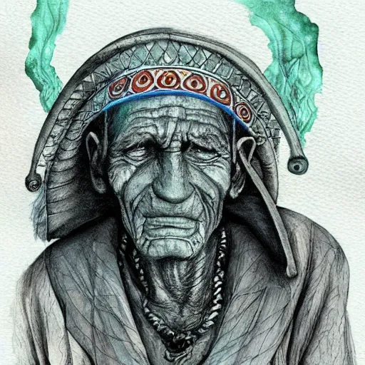 Prompt: very very very old shaman burns from the inside out, old gray haired mexican mage fire from inside, close his eyes with no pain, watercolor ink painting, in the style of jean giraud, in the style of moebius trending on artstation deviantart pinterest detailed realistic hd 8 k high resolution