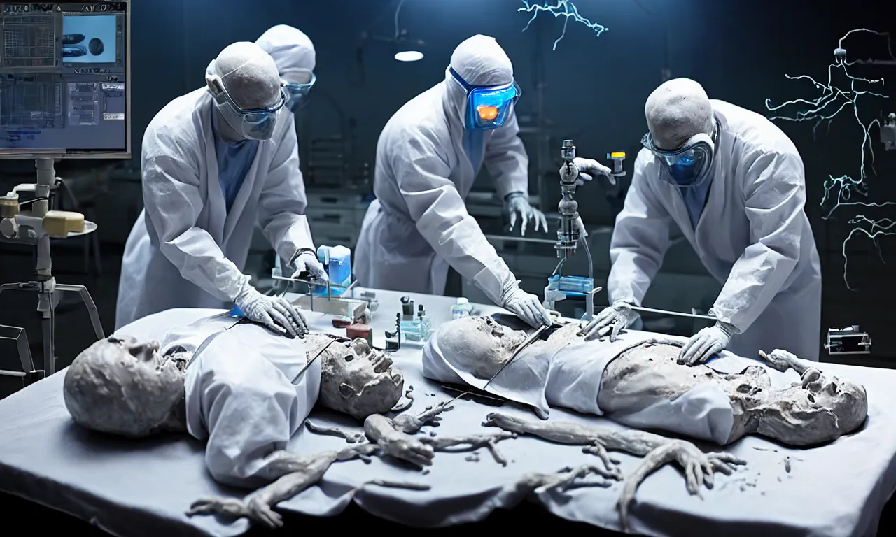 Prompt: ancient scientist making grey alien autopsy in night detail laboratory, with electric arc device, lightnings, dramatic shadows cast on dirty ground, showcases full of embryos, soft smoke, volumetric lighting, subsurface scattering, dramatic lighting, high detail, from new scifi by digital domain and weta digital, strong ambient occlusion, matrix movie color grading