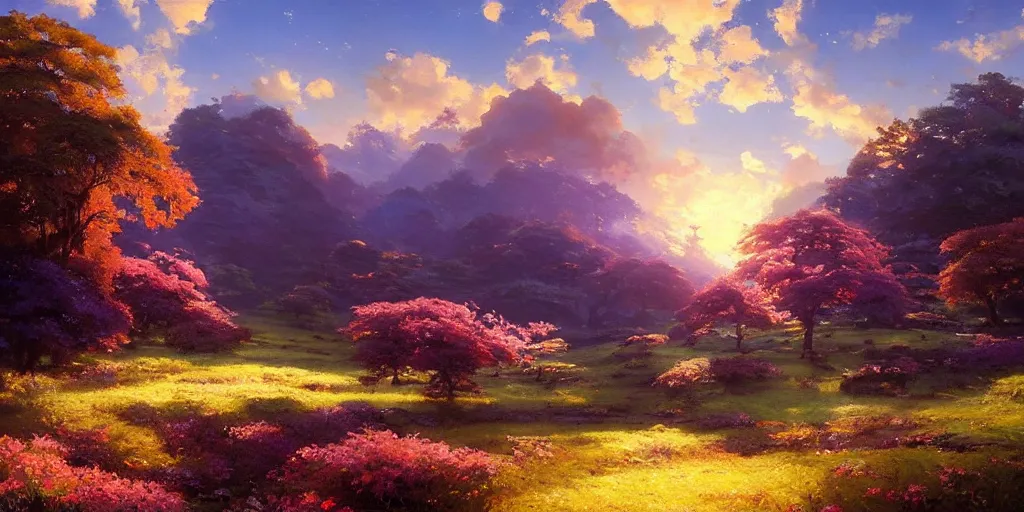 Image similar to an extraordinarily beautiful oil painting of a landscape in spring during sunrise ; lush vegetation ; the most beautiful painting in the world ; by makoto shinkai and craig mullins and salvador dali