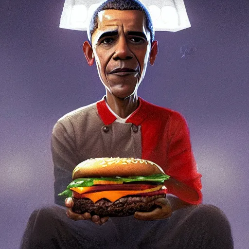 Image similar to barrack obama eating a cheese burger sitting on the iron throne, highly detailed, digital painting, artstation, concept art, global illumination, ray tracing smooth, sharp focus, illustration, art by artgerm and greg rutkowski and makoto shinkai, jeremy lipkin