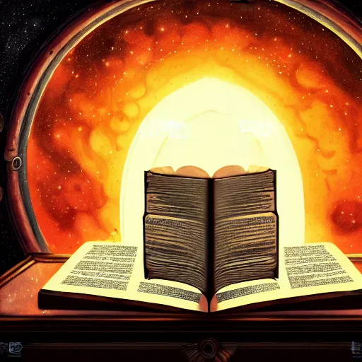 Image similar to front facing symmetrical shot of an ancient book on a vintage table in space, concept art, sci - fi illustration, painting, realistic,, radiant light, detailed and intricate environment, 8 k, h 6 4 0