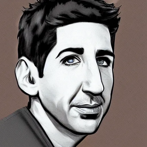 Prompt: digital artwork of ross geller sitting in central perk, in the style of artgerm, detailed face, expressive face,