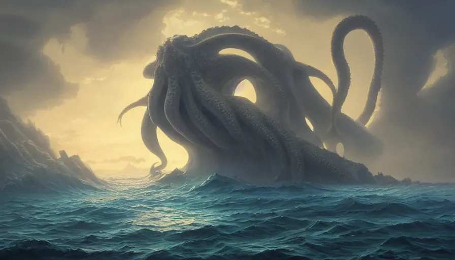 Image similar to A highly detailed matte painting of huge Cthulhu in the ocean, by Studio Ghibli, Makoto Shinkai, by Artgerm, by beeple, volumetric lighting, octane render, 4K resolution, trending on artstation, masterpiece