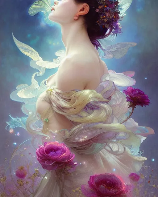 Prompt: Full View ultrarealistic Portrait ethereal fantasy deity wearing beautiful gown, flowers, spirituality, 4k digital masterpiece by Anna Dittman and Alberto Seveso Ruan Jia, rossdraws, artgerm and greg rutkowski and alphonse mucha and loish and WLOP, fantasycore, Hyperdetailed, realistic digital painting, atmospheric, fireflies, soft lighting, featured on Artstation