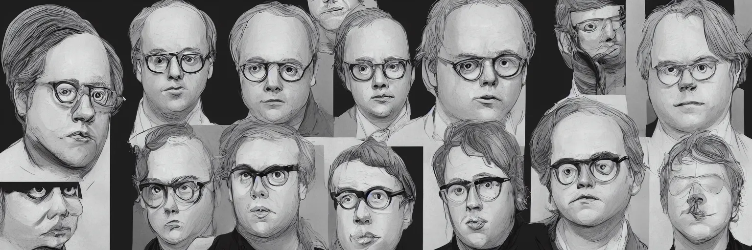 Image similar to character study of todd solondz and philip seymour hoffman and paul dano, 2 0 2 2, clear faces, emotional, character sheet, fine details, concept design, contrast, kim jung gi, pixar and da vinci, trending on artstation, 8 k, full body and head, turnaround, front view, back view, ultra wide angle