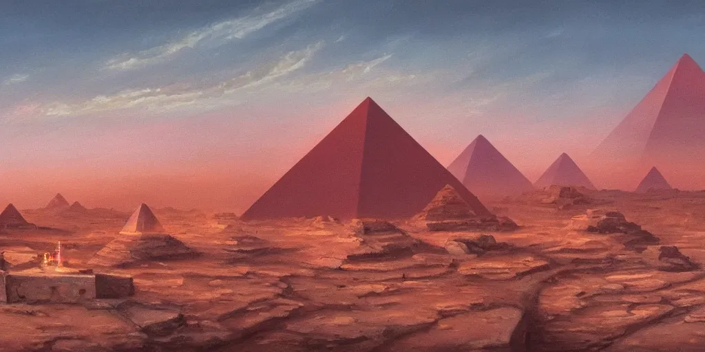 Image similar to an oil painting of a small city in the desert with only one pyramid in the center and walls that surround the city and a dark red sun, fantasy,hyper realistic, atmospheric lighting, cinematic, 8k,