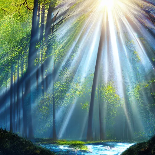 Prompt: forest, sun rays, with a river sparkling oil painting 4 k