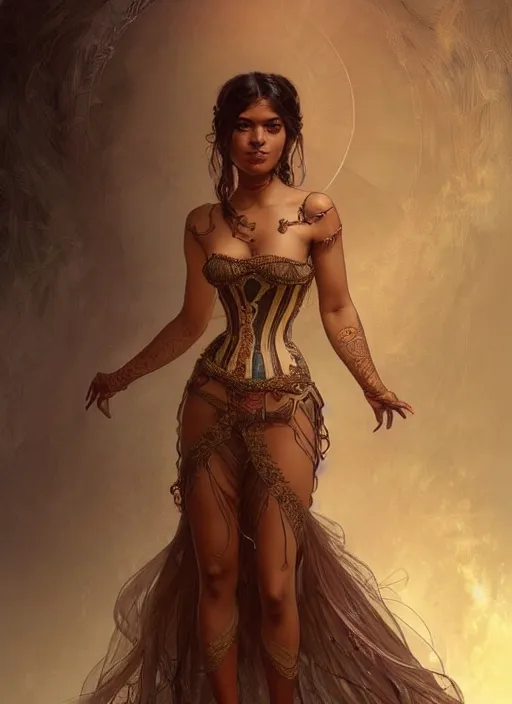 Image similar to cute brown woman wearing a transparent corset dress, fantasy, intricate, highly detailed, digital painting, artstation, concept art, wallpaper, smooth, sharp focus, illustration, art by artgerm and greg rutkowski and alphonse mucha