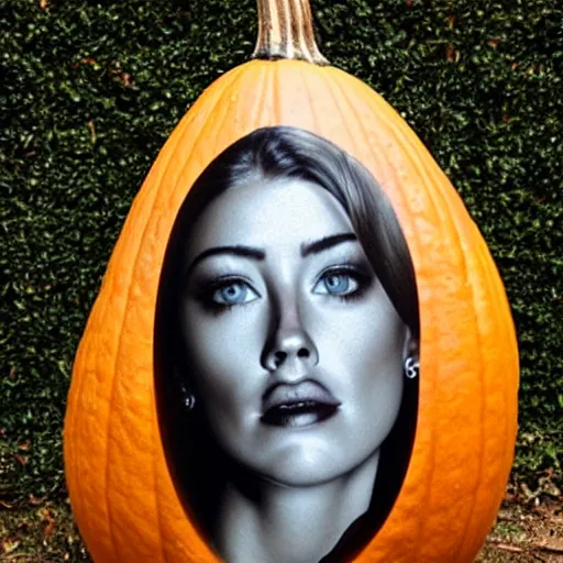 Image similar to a [ gourd ] carved shaped to look like ( amber heard ) face hybrid intercross