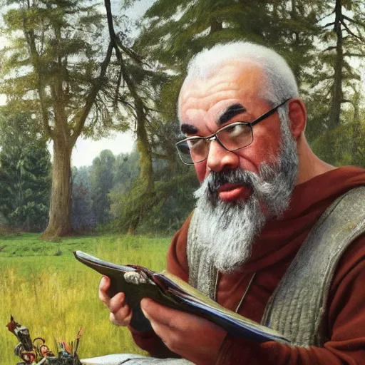Image similar to Gary Gygax Gary Gygax plays dungeons and dragons in the middle of a field, Rye (Shishkin), painting by Ivan Shishkin, Ernest Gary Gygax face, photo by Gary Gygax, painting by Valentin Serov, oil painting