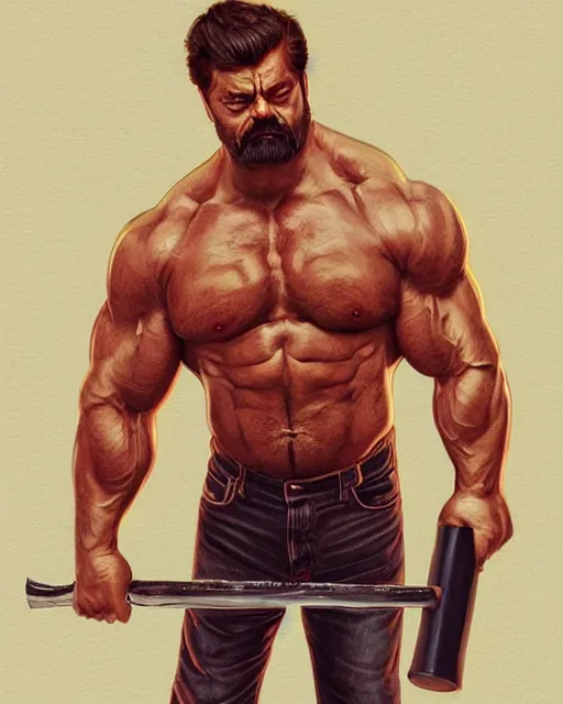 Image similar to gigachad ron swanson bodybuilder holding a hammer in final fight office by ilya kuvshinov, ernest khalimov body by krista sudmalis, fantasy character portrait, ultra realistic, concept art, intricate details, elegent, digital painting, smooth, sharp focus, illustration, art by artgerm and greg rutkowski and alphonse mucha, artstation