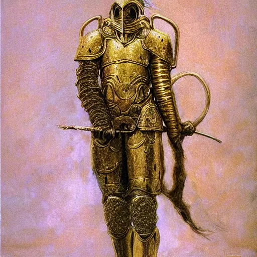 Image similar to portrait of powerful mighty noble knight in golden armour. He has golden hairs. Painting by Beksinski