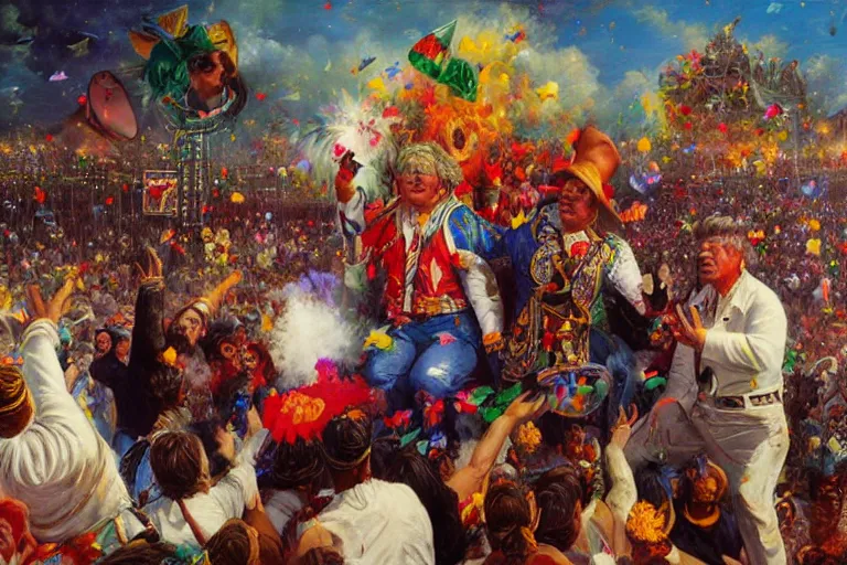 Image similar to portrait of rip taylor throwing confetti during a mexican funeral parade, an oil painting by ross tran and thomas kincade