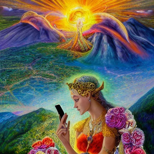 Image similar to a painting by josephine wall depicting aires as a goddess large ram horns, checking her cell phone, erupting volcano and sunrise in distance in background, flowers in foreground, acrylic on canvas, intricately detailed, highly detailed, high resolution, hd, 8 k, wallpaper, trending on artstation, zodiac, fantasy