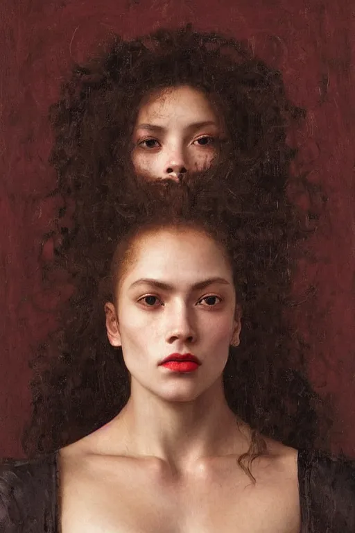 Prompt: portrait of a warrior, mulatto, mestizo, very beautiful face, pleasant facial features, red lips, long red hair, black closed velvet dress, leather armor, iron armor, white boots, clothes alexander mcqueen very beautiful style, photorealism, bouguereau, edgard maxence