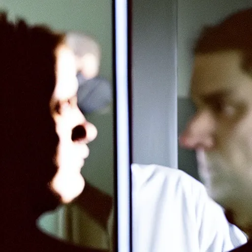 Image similar to A man looking at himself in the mirror, with the reflection being a ghost
