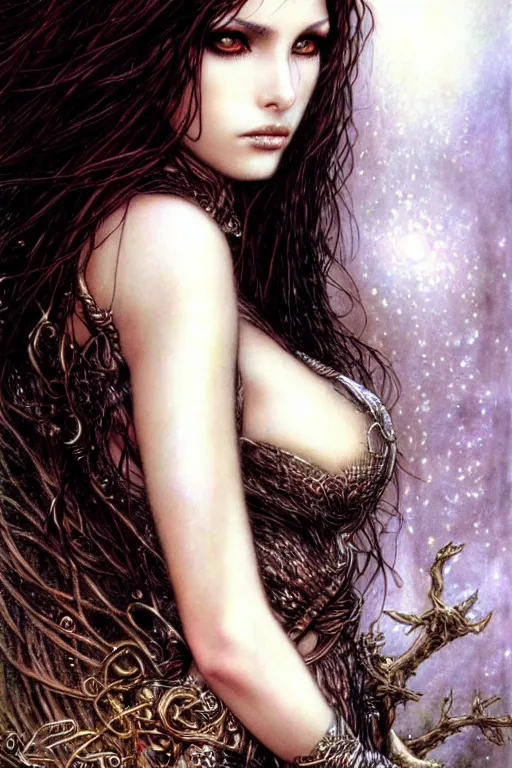 Prompt: a beautiful brunette goddess, fantasy, portrait, sharp focus, intricate, elegant, illustration, ambient lighting, art by Luis Royo