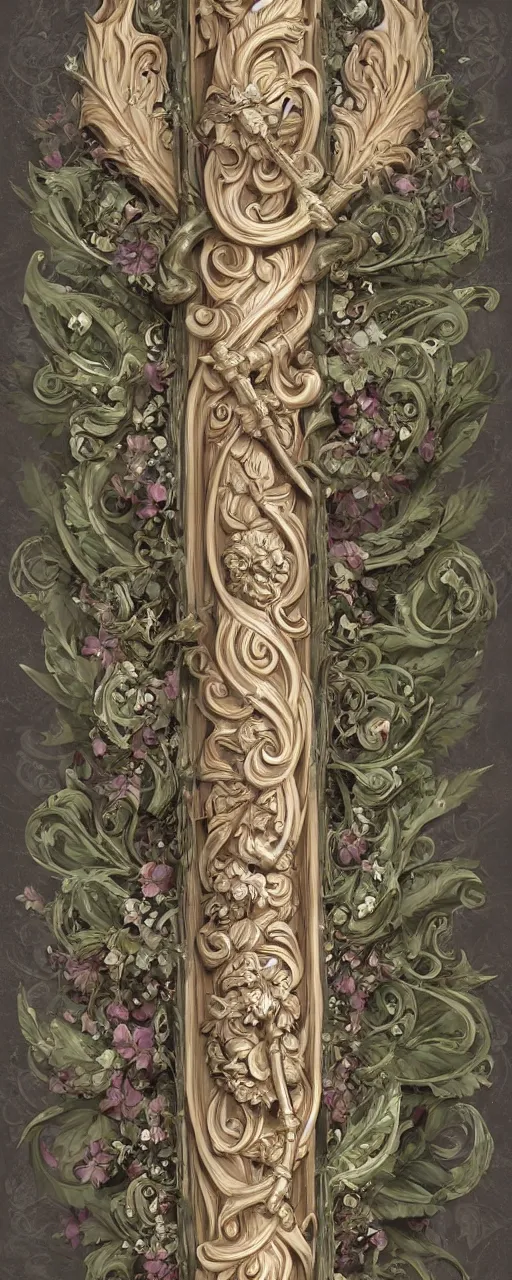 Prompt: beautiful fantasy giant sword carved with decorative ornament, acanthus scrolls, lilies, ivy, energy, geometry, bones, petals, stems, ceremonial clouds, dripping paint, fibonacci rhythm, artstation, artgerm, wlop, symmetric ornaments, v 9 9 9