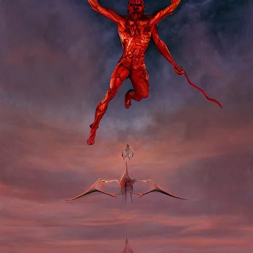 Image similar to realistic painting of a huge bloody satanic figure flying in the sky by michael whelan, ultra realistic, 8 k, streched and creepy painting. trending on, octane renderer, mesmerizing, aesthetic, beautiful