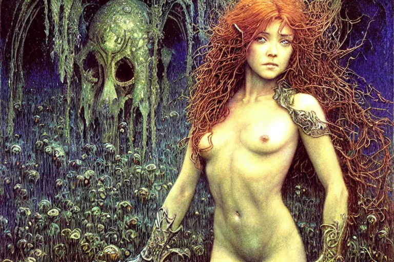 Prompt: young cute alyson hannigan knight in enchanted lovecraftian garden by jean delville, luis royo, beksinski, grimshaw