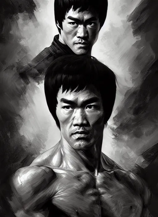 Image similar to Portrait of Bruce Lee, marvel comics, dark, intricate, highly detailed, smooth, artstation, digital illustration by Ruan Jia and Mandy Jurgens and Artgerm and Wayne Barlowe and Greg Rutkowski and Frank Frazetta