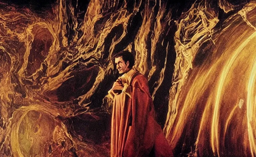 Prompt: scene from cosmologica ( 1 9 6 9 ), a movie by luchino visconti showing a man leaving the medieval cosmos to enter the new modern universe in the style of renaissance cosmological painting. cinematic, technicolor, direct lighting, highly detailed, highly intricate.