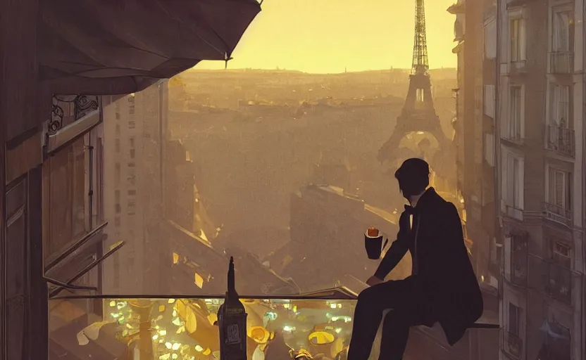 Image similar to elegant man drinking coffee at balcony in france, city with eiffel tower seen behind, late night sunset, city living, detailed characters, by greg rutkowski, alphonse mucha, beeple, sharp focus, digital art, smooth, light refraction, pixiv art, volumetric lighting, makoto shinkai