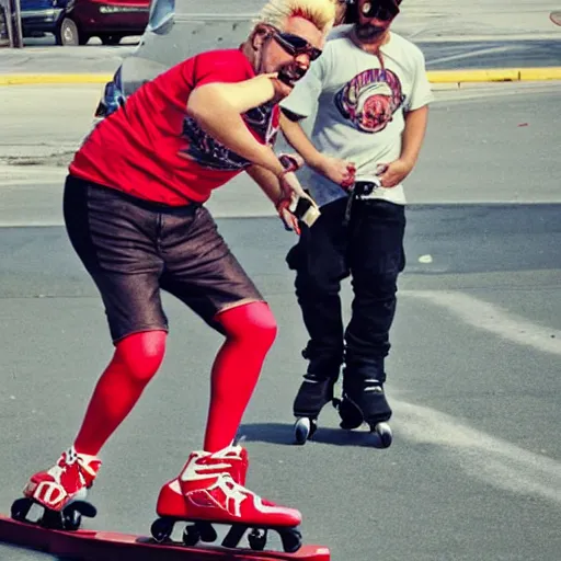 Image similar to guy fieri rollerblading at target