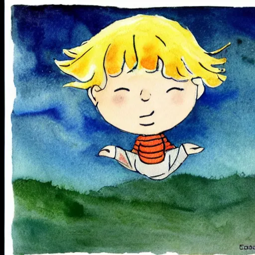 Image similar to the little prince on a little planet floating in space, original watercolors by exupery