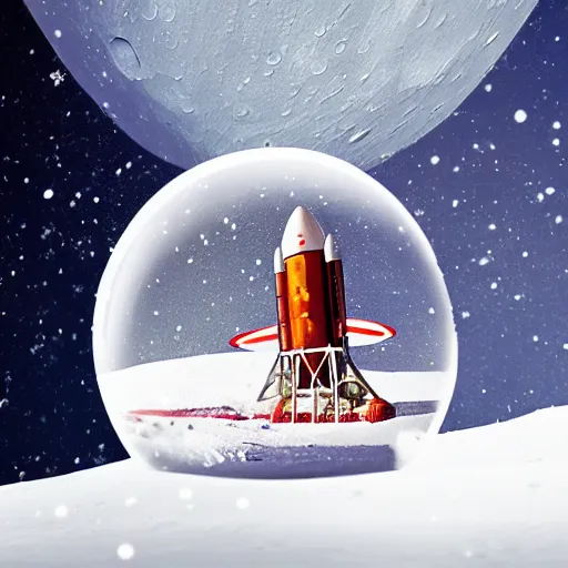 Image similar to space rocket landing on the moon inside a snow globe