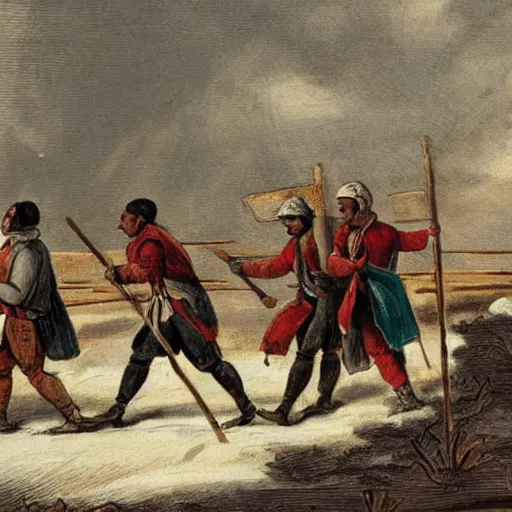 Prompt: this historical artwork from the 1 7 9 0 s shows a full wide shot scene from a fantasy empire that combines scandinavian and middle eastern traditions. the image depicts a team of workers lugging lumber across a desolate landscape because lumber is this empire's primary export.