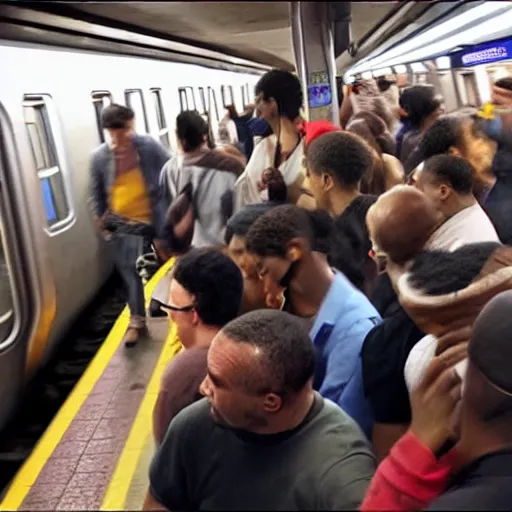 Image similar to people fight in new york city subway, hyper detailed, hd, 8 k,