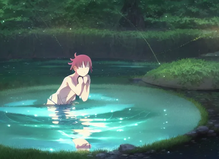 Prompt: portrait of hinata training in a pond at night, rule of thirds, illustration concept art anime key visual, trending pixiv fanbox by wlop and greg rutkowski and makoto shinkai and studio ghibli and kyoto animation